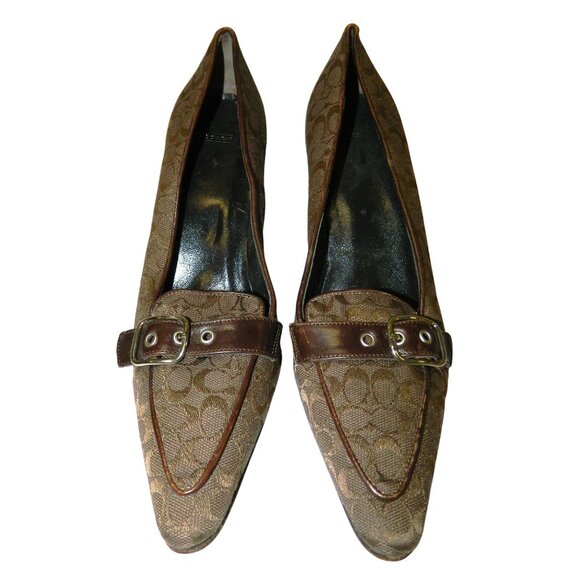 Coach Brown Monogram Buckle Loafers Pointed Toe Heel 7.5B Womens Leather Canvas - Picture 3 of 12